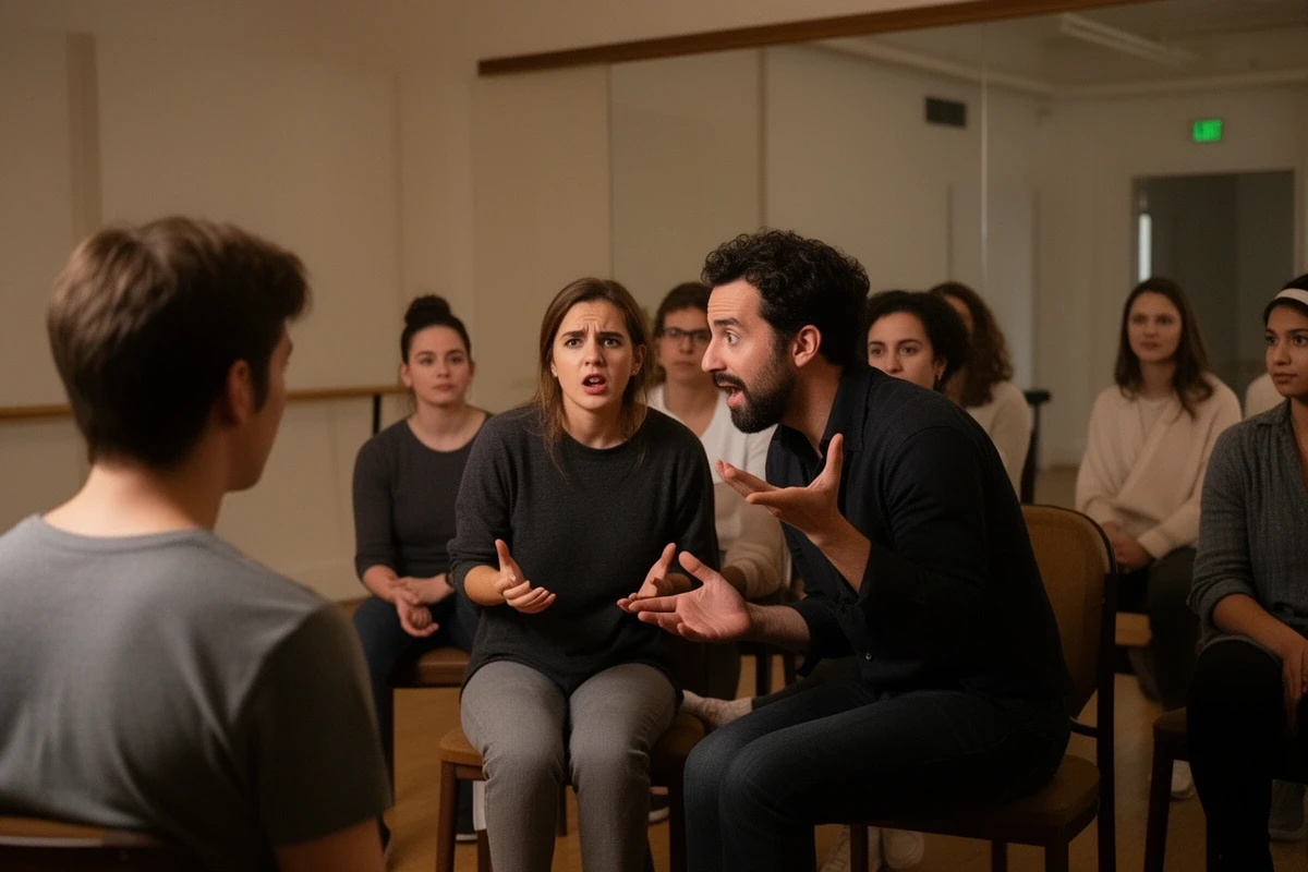 Schauspielklasse bei einer emotionalen Szenenarbeit, Dozent gibt Feedback